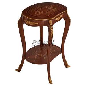 Mesa Auxiliar Ovalada de Lujo Estilo Francés de 2 Niveles con Incrustaciones Florales Coloridas y Detalles Ornamentales en Latón Dorado para Decoración de Palacios - Product Image 3