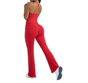 Ensemble de yoga pour femmes, col rond, manches courtes, deux pièces, pantalon de survêtement à taille haute et jambes larges avec cordon de serrage - Product Image 4
