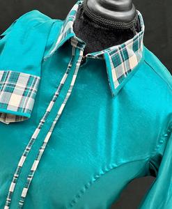 Handmade <b>Cowgirl</b> Western Show <b>Shirt</b> on Stretch Taffeta Teal Accent - Product Image 4