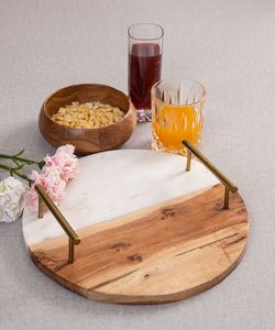 Premium Round Marble & Wooden Serving Tray With Brass Handles Luxury Decorative Platter For Home Kitchen Hotel <b>Gifting</b> <b>Use</b> - Product Image 6