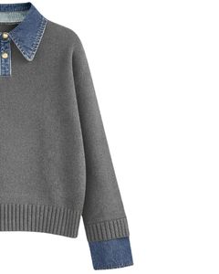 Manufacturer Women Grey Knit <b>Sweater</b> With Denim Collar <b>Long</b> Sleeve Pullover Casual Winter Top Soft Acrylic Blend Fashion Jumper - Product Image 2