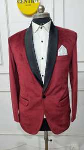 ชุดสูทกำมะหยี่สีแดงสำหรับผู้ชายชุดทักซิโด้ผ้าซาตินมีปกสีดำสำหรับเจ้าบ่าวหรืองานพรอม - Product Image 6