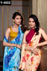 Colecciones de Sari de seda satinada elegante de estilo occidental indio para festivales y fiestas indias Sari elegante con estampado digital con blusa - Product Image 3