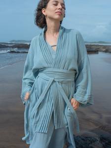 Kimono bohemio azul con cierre de cordón, bata envolvente transpirable y capa para mujer para todas las estaciones - Product Image 6