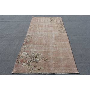 Alfombra turca de área grande Vintage, 4,2x8,4 pies, patrón rectangular clásico, diseño de retazos abstracto, Alfombra de habitación de látex de lana rosa y Beige - Product Image 1