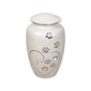 Urne funéraire pour animaux de compagnie en métal blanc avec empreintes de pattes argentées et design en forme de cœur pour la mémoire des chiens et des chats bien-aimés - Product Image 1