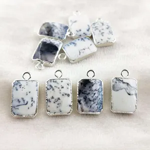 Dendrite Opal Smooth Slice Gemstone Pendant Silver Edge Smooth Charms For Making Finding Jewelry