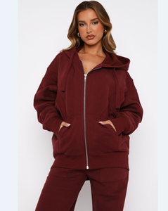 Wine <b>Red</b> Zip Up <b>Hoodie</b> Jogger Set for Women 2 Piece Tracksuit Oversized Sweatshirt & Sweatpants Lounge Outfit - Product Image 2