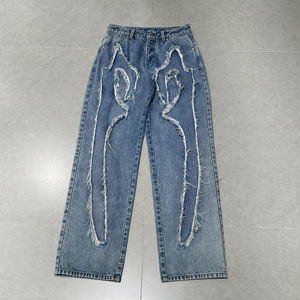 กางเกงยีนส์ทรงขาบานสไตล์สตรีทแวร์ดีไซน์ดั้งเดิม ปักโลโก้ตามสั่ง คุณภาพสูงสำหรับผู้ชาย ขอบดิบฟอกสี - Product Image 1