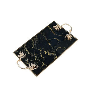 Plateau décoratif en marbre noir de qualité supérieure plateau de service rectangulaire en forme de feuille d'or pour les mariages décor à la maison poignées en métal - Product Image 1