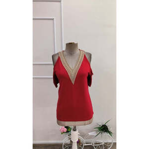 Women's Off-Shoulder V-Neck Viscose <b>Blouse</b>, 36633 - <b>Red</b> - Product Image 4