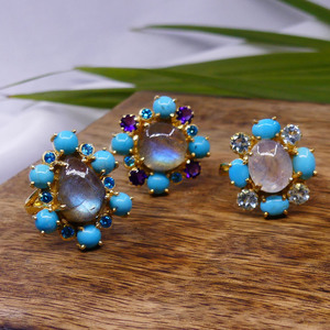 แหวนเงินแท้925ชุบทองด้วยพลอยอเมทิสต์ลาบราดอไลท์สีเทอร์ควอยสเตอร์ - Product Image 2