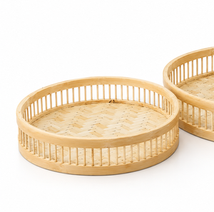 Ensemble de plateaux de rangement ronds en bambou, empilables, à un seul niveau, design minimaliste, finition naturelle non traitée, pour table - Product Image 3