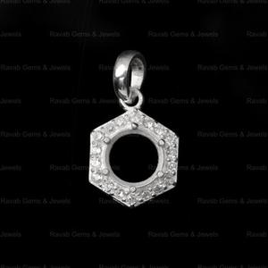 Pendentif de charme semi-monté hexagonal en argent pur 925 de haute qualité, 8 mm, serti de zircon CZ de 1,80 mm, composants de bijoux DIY - Product Image 1