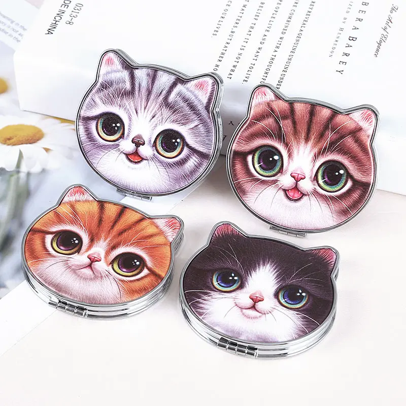 Tête de chat créative personnalisable Mini miroir pliable double face en PU imprimé couleur avec miroir de poche à rabat