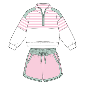 Ensemble sweat-shirt rayé pour filles, pull à quart de zip et short à bordure contrastée pour le sport et le quotidien - Product Image 4