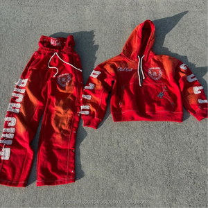 Trajes de sudor de lavado ácido personalizados, chándales con parche bordado con apliques gruesos de algodón, sudaderas con capucha y cremallera desteñidas por el sol, conjuntos de pantalones de chándal para hombres - Product Image 4