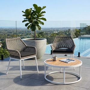 Grey Woven Outdoor <b>Armchair</b> White Aluminium Frame Synthetic Ropes Cushion <b>Dining</b> Chair Patio Setup Art Design Decor - Product Image 3