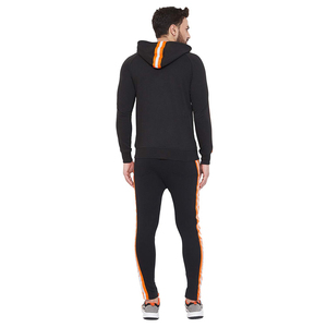 Men's Black Hooded Tracksuit With Orange Stripes Full Sleeve Zipper Sporty Sweat Suit Autumn Wear Regular Fit Side Pockets - Product Image 2
