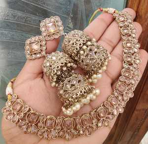 Premium Quality Reverse American Diamond Necklace With Beautiful <b>Earrings</b> Indian Traditional Necklace With <b>Jhumkas</b> For Women - Product Image 4