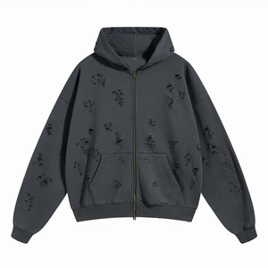 Chaqueta con capucha y cremallera personalizada Unisex Vintage lavado ácido estampado desgastado 100% algodón polar invierno cremallera completa Vintage Sudadera con capucha - Product Image 4