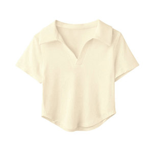 เสื้อคอวีผ้าฝ้ายคอมบ์คอวีแขนสั้นสำหรับผู้ชายและผู้หญิงทรงหลวมสีพื้นดีไซน์โลโก้ตามสั่ง OEM - Product Image 4