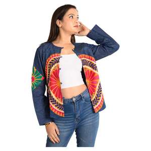 Autumn Spring Boho Women's Handmade Denim Jacket Indian Style Cotton Short <b>Coat</b> Embroidery Breathable Casual Party Wear Winter - Product Image 2
