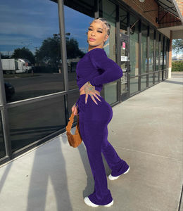 Ensemble de survêtement deux pièces décontracté en velours solide pour femmes avec haut court zippé à capuche à manches longues et pantalon évasé-Respirant écologique - Product Image 3