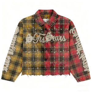T-shirt à manches longues en coton vintage lavé de haute qualité, style streetwear personnalisé, chemise en flanelle à carreaux avec strass pour hommes - Product Image 1