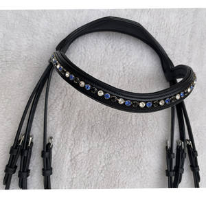 Luxury Black Leather Horse Bridle with Royal Blue Crystal Bling Browband Padded Comfort Noseband - Product Image 4