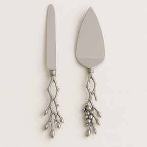 Juego de cuchillo y servidor de pastel de metal de diseñador con mangos giratorios en bucle, elegantes herramientas de postre de acero inoxidable para recepciones de bodas - Product Image 6