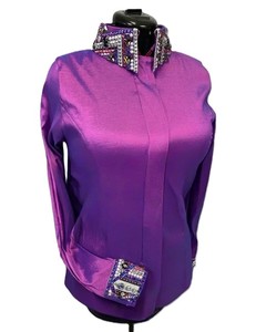 Camisa de espectáculo occidental vaquera hecha a mano en púrpura impresa en tela de tafetán elástico para uso ecuestre - Product Image 4