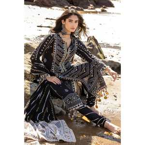 Conjunto de traje de mujer de 3 piezas sin coser con bordado Zari y estampado de laca dorada en tela Lawn, con CL-52407 - Product Image 5