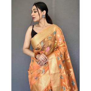 ผ้าไหมออร์แกนซ่าสีส้มลายซารีพร้อมเสื้อคลุม สำหรับงานเลี้ยงกลางคืน สีส้มสวยงาม - Product Image 5