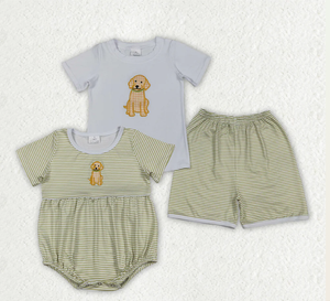 Conjunto de Ropa de Caza para Bebés Hermanos, Camiseta con Bordado de Perros y Pantalones Cortos a Rayas - Product Image 1