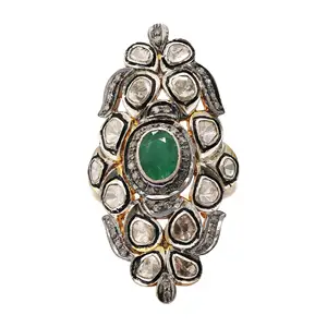Smeraldo e Polki diamante gemma anello per le donne, argento Sterling 925 anello fatto a mano per la festa di natale