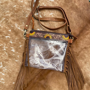 Nuevos bolsos cruzados de estadio de cuero con herramientas de mano occidentales para mujer, bolso transparente intrincado de girasol de cuero genuino con monedero con flecos - Product Image 3