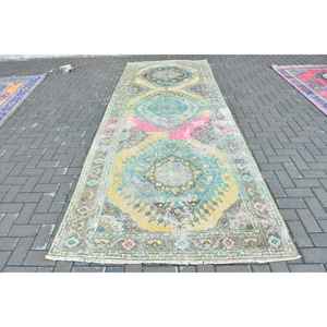 Alfombra Turca Vintage de 4.9x12.8 pies, Alfombra de Lana Azul con Diseño de Puntos - Product Image 1