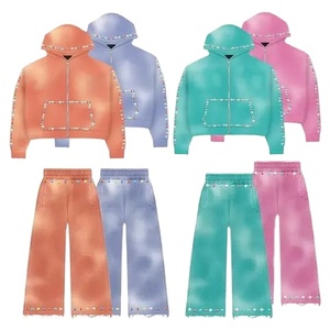 Venta al por mayor de chándales sueltos con lavado ácido de diamantes de imitación OEM Blink Zip up Hoodie pantalones de chándal acampanados chándales Vintage OEM 20026 - Product Image 2