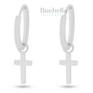 Boucles d'oreilles diamant en argent 925 avec croix pendante en or Boucles d'oreilles créoles pour hommes/femmes - Product Image 4