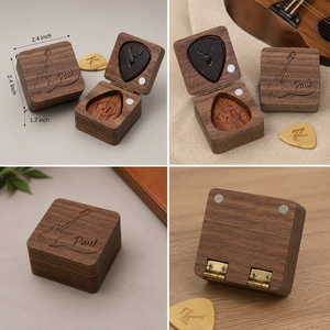 Caja de madera para púas de guitarra, forma cuadrada con tapa, diseño grabado, estilo rústico, estuche de almacenamiento ecológico - Product Image 3