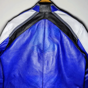 Chaqueta de moto de carreras de cuero azul y blanco estilo motorista retro, protecciones de armadura con certificación CE, chaqueta de montar en motocicleta para hombre - Product Image 4