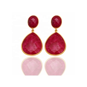 Fabricant direct nouveau attrayant solide 925 boucles d'oreilles en argent Sterling teint rubis pierres précieuses plaque d'or mode bijoux cadeau - Product Image 1