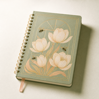 Carnet personnalisé LABON Sage Journal, reliure spirale dorée, couverture rigide, motif botanique, cadre arqué, bouquet de tulipes, abeilles-guépières, pages vierges couleur pêche doré