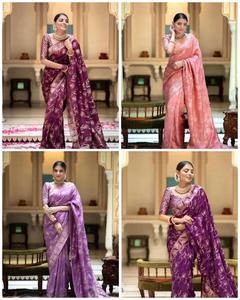 Saree original en tissu de soie pure tissée d'or avec une belle blouse de course vêtements indiens et pakistanais travail de tissage lourd - Product Image 6