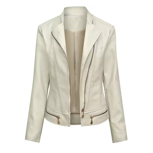 White PU <b>Leather</b> Women's Reversible Biker <b>Jacket</b> Polyester Wadding Solid Zipper Front Waterproof Windproof for Autumn/<b>Winter</b> - Product Image 1