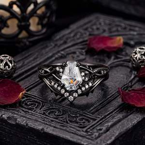 Anillo de compromiso Jeulia Black Thorn con corte de ataúd, juego de 2 piezas, joyería de moda - Product Image 4