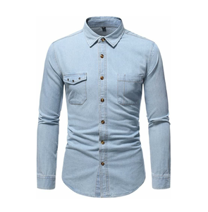 Chemises en jean pour hommes à manches longues en coton 100% respirant et doux, style décontracté chic 2024, col montant, anti-froissement, écologiques - Product Image 2