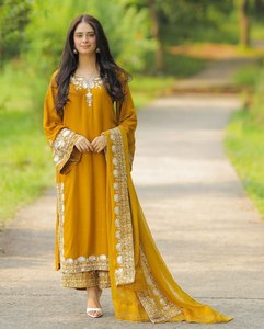 Bordado intrincado perla trabajo diseñador boda Kurta conjunto atractivo Georgette Dupatta para fiestas de Bollywood para Indio - Product Image 3