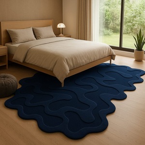 Alfombra de lana con borde ondulado irregular azul marino | Alfombra de área con mechones tallada/cortada en contorno en 3D | Alfombra moderna para sala de estar y dormitorio 1 pieza - Product Image 1